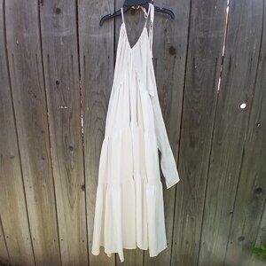 SHEIN DRESS WOMENS SZ M IVORY MAXI KEYHOLE TIE BACK V NECK POLYESTER BOHO